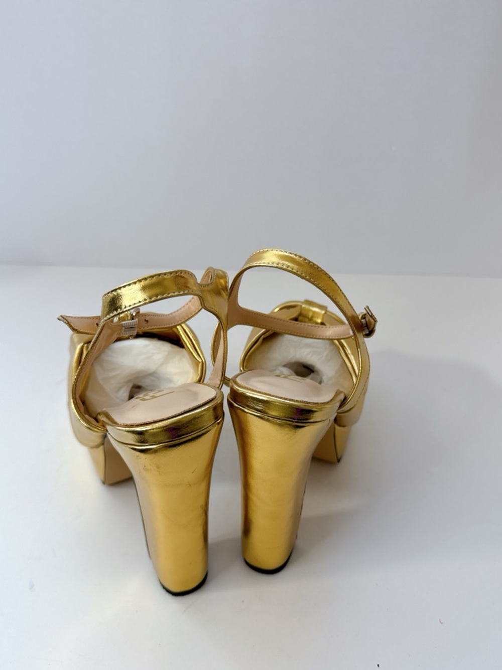 Size 7 FSJ Gold Bow Platform Heels Women’s Metallic Slingback Pumps Party Shoes - Picture 5 of 14